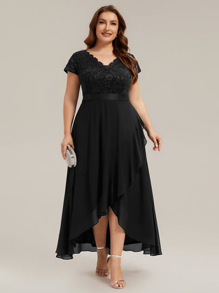 Short Sleeve Deep V-Neck Ruffled Asymmetrical High-Low Evening Dresses