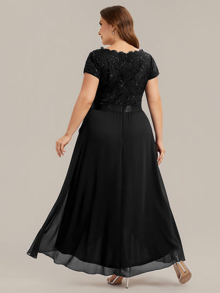 Short Sleeve Deep V-Neck Ruffled Asymmetrical High-Low Evening Dresses