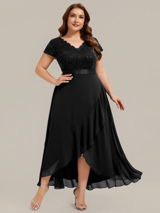Short Sleeve Deep V-Neck Ruffled Asymmetrical High-Low Evening Dresses