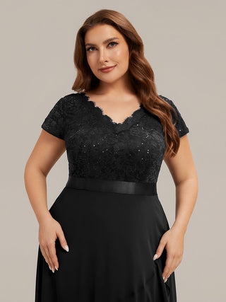 Short Sleeve Deep V-Neck Ruffled Asymmetrical High-Low Evening Dresses