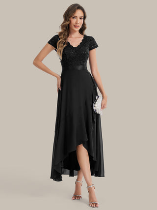 Short Sleeve Deep V-Neck Ruffled Asymmetrical High-Low Evening Dresses