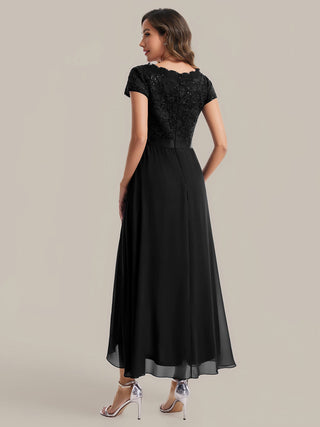 Short Sleeve Deep V-Neck Ruffled Asymmetrical High-Low Evening Dresses