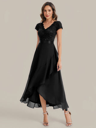 Short Sleeve Deep V-Neck Ruffled Asymmetrical High-Low Evening Dresses