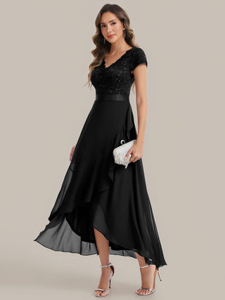 Short Sleeve Deep V-Neck Ruffled Asymmetrical High-Low Evening Dresses