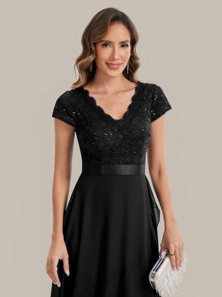 Short Sleeve Deep V-Neck Ruffled Asymmetrical High-Low Evening Dresses