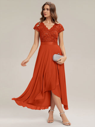 Short Sleeve Deep V-Neck Ruffled Asymmetrical High-Low Evening Dresses