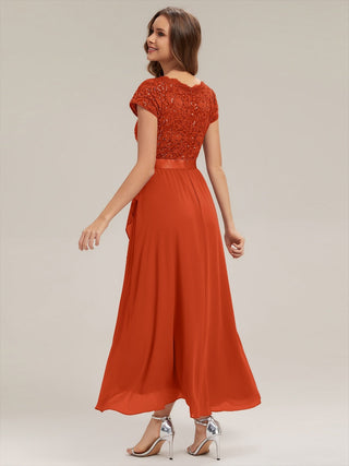 Short Sleeve Deep V-Neck Ruffled Asymmetrical High-Low Evening Dresses
