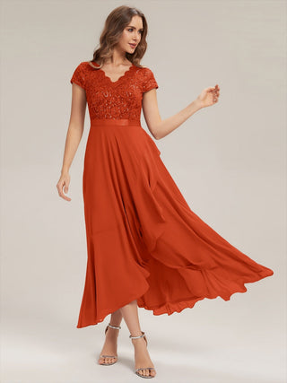Short Sleeve Deep V-Neck Ruffled Asymmetrical High-Low Evening Dresses