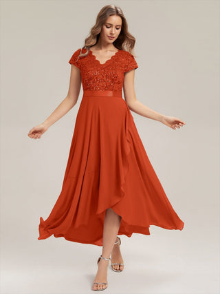 Short Sleeve Deep V-Neck Ruffled Asymmetrical High-Low Evening Dresses