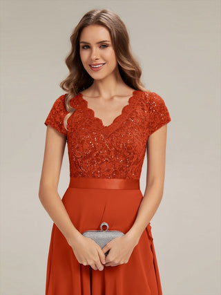 Short Sleeve Deep V-Neck Ruffled Asymmetrical High-Low Evening Dresses