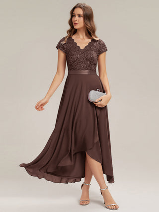 Short Sleeve Deep V-Neck Ruffled Asymmetrical High-Low Evening Dresses