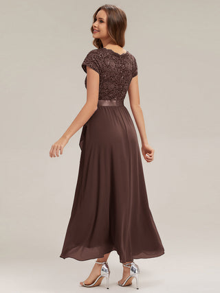 Short Sleeve Deep V-Neck Ruffled Asymmetrical High-Low Evening Dresses