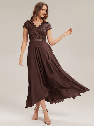 Short Sleeve Deep V-Neck Ruffled Asymmetrical High-Low Evening Dresses