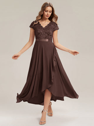 Short Sleeve Deep V-Neck Ruffled Asymmetrical High-Low Evening Dresses