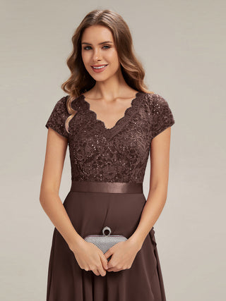 Short Sleeve Deep V-Neck Ruffled Asymmetrical High-Low Evening Dresses