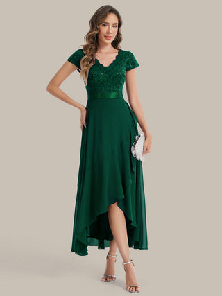 Short Sleeve Deep V-Neck Ruffled Asymmetrical High-Low Evening Dresses