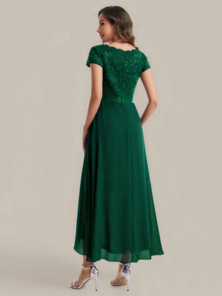 Short Sleeve Deep V-Neck Ruffled Asymmetrical High-Low Evening Dresses