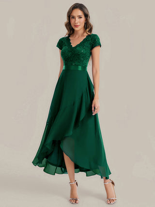 Short Sleeve Deep V-Neck Ruffled Asymmetrical High-Low Evening Dresses