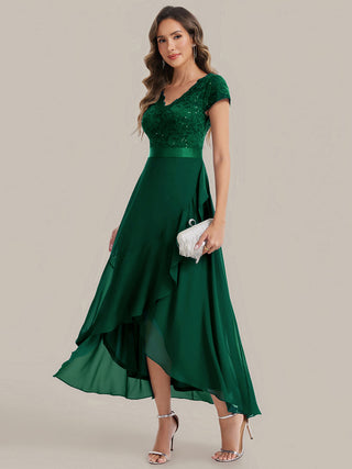 Short Sleeve Deep V-Neck Ruffled Asymmetrical High-Low Evening Dresses