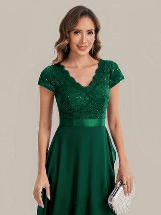 Short Sleeve Deep V-Neck Ruffled Asymmetrical High-Low Evening Dresses