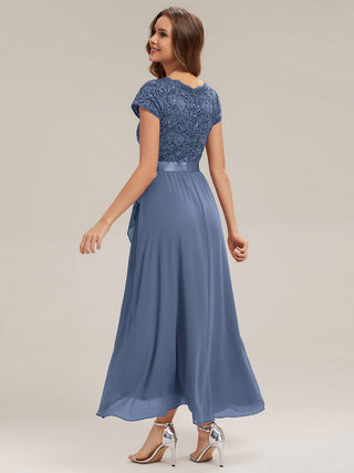 Short Sleeve Deep V-Neck Ruffled Asymmetrical High-Low Evening Dresses