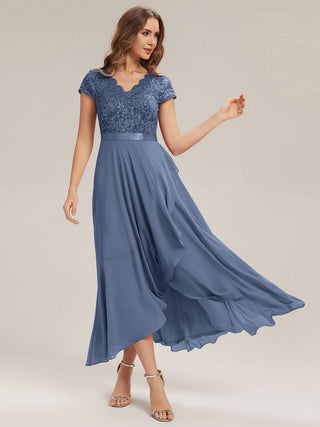 Short Sleeve Deep V-Neck Ruffled Asymmetrical High-Low Evening Dresses