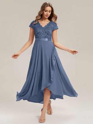 Short Sleeve Deep V-Neck Ruffled Asymmetrical High-Low Evening Dresses