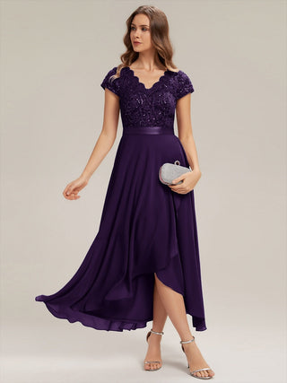 Short Sleeve Deep V-Neck Ruffled Asymmetrical High-Low Evening Dresses