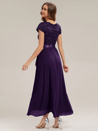 Short Sleeve Deep V-Neck Ruffled Asymmetrical High-Low Evening Dresses