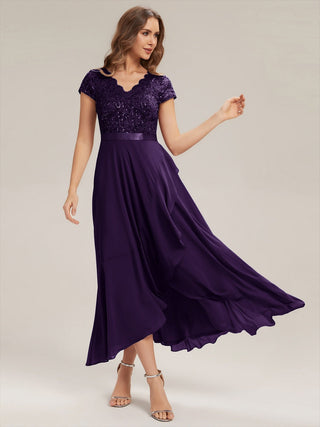 Short Sleeve Deep V-Neck Ruffled Asymmetrical High-Low Evening Dresses