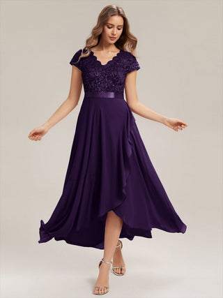 Short Sleeve Deep V-Neck Ruffled Asymmetrical High-Low Evening Dresses