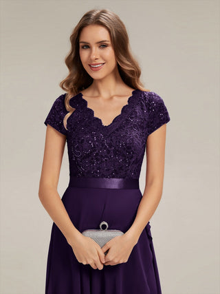 Short Sleeve Deep V-Neck Ruffled Asymmetrical High-Low Evening Dresses
