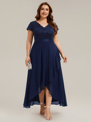 Short Sleeve Deep V-Neck Ruffled Asymmetrical High-Low Evening Dresses