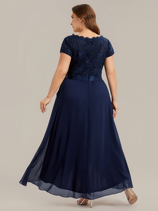 Short Sleeve Deep V-Neck Ruffled Asymmetrical High-Low Evening Dresses