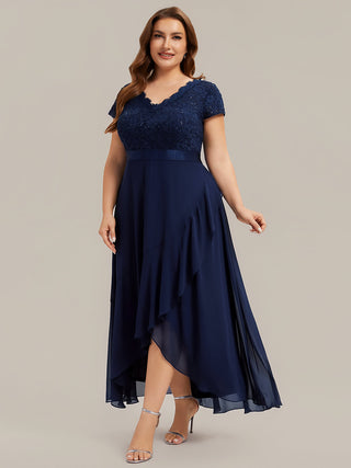 Short Sleeve Deep V-Neck Ruffled Asymmetrical High-Low Evening Dresses