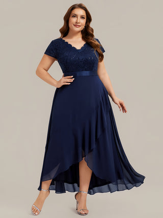 Short Sleeve Deep V-Neck Ruffled Asymmetrical High-Low Evening Dresses