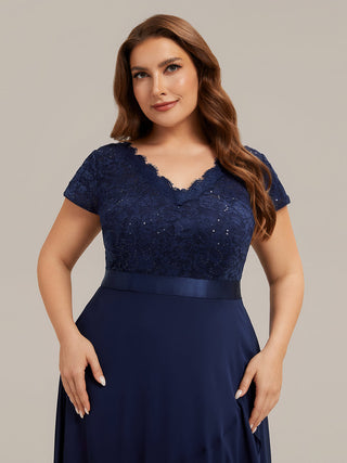 Short Sleeve Deep V-Neck Ruffled Asymmetrical High-Low Evening Dresses