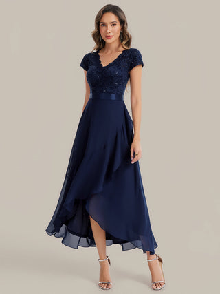 Short Sleeve Deep V-Neck Ruffled Asymmetrical High-Low Evening Dresses