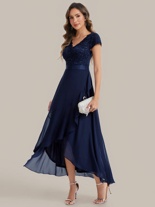 Short Sleeve Deep V-Neck Ruffled Asymmetrical High-Low Evening Dresses