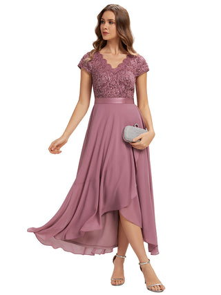 Short Sleeve Deep V-Neck Ruffled Asymmetrical High-Low Evening Dresses