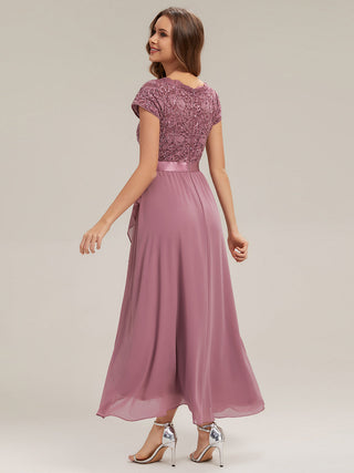 Short Sleeve Deep V-Neck Ruffled Asymmetrical High-Low Evening Dresses
