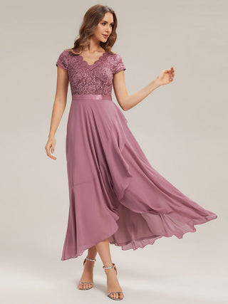 Short Sleeve Deep V-Neck Ruffled Asymmetrical High-Low Evening Dresses