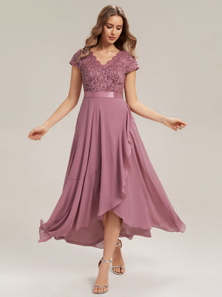 Short Sleeve Deep V-Neck Ruffled Asymmetrical High-Low Evening Dresses