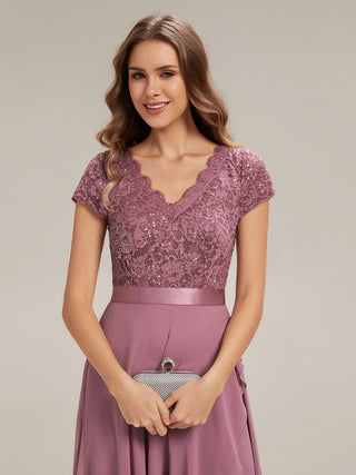 Short Sleeve Deep V-Neck Ruffled Asymmetrical High-Low Evening Dresses