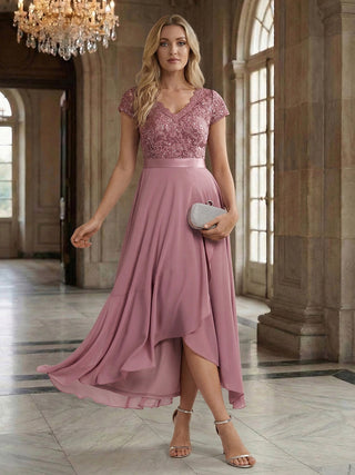 Short Sleeve Deep V-Neck Ruffled Asymmetrical High-Low Evening Dresses