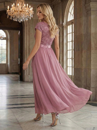 Short Sleeve Deep V-Neck Ruffled Asymmetrical High-Low Evening Dresses