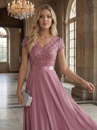 Short Sleeve Deep V-Neck Ruffled Asymmetrical High-Low Evening Dresses