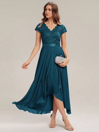 Short Sleeve Deep V-Neck Ruffled Asymmetrical High-Low Evening Dresses