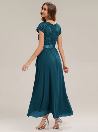 Short Sleeve Deep V-Neck Ruffled Asymmetrical High-Low Evening Dresses