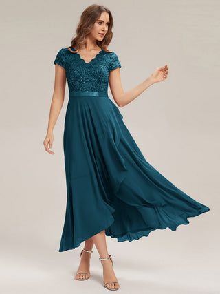 Short Sleeve Deep V-Neck Ruffled Asymmetrical High-Low Evening Dresses